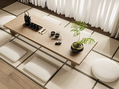 Japanese Wooden Tea Table with Cushions Tea Set Green Plant Tatami Mats and White Curtains 3d model