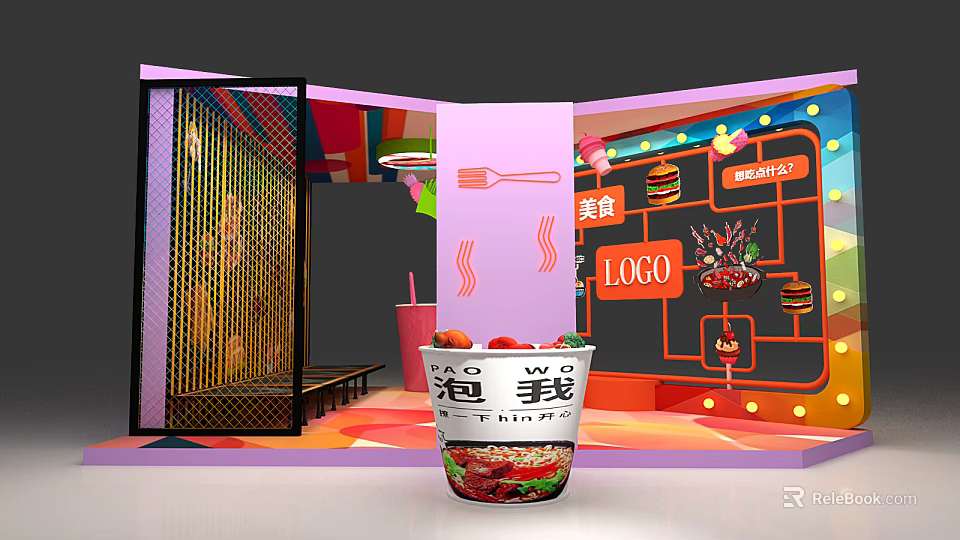 Instant Noodles Cup In Colorful Food Shop With Logo Hamburger And Drink 3d model 