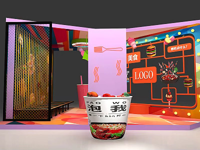 Instant Noodles Cup In Colorful Food Shop With Logo Hamburger And Drink 3d model