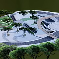 Modern Urban Park Landscape With Curved Pathways Green Trees Grass Terraces And Stone Pavement