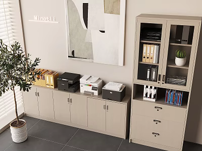 Office File Cabinets With Printers Folders Potted Plant And Decorative Painting 3d model