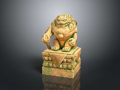 Traditional Stone Lion Statue With Intricate Carvings On Green Patina Pedestal Base 3d model