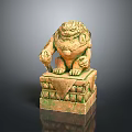 Traditional Stone Lion Statue With Intricate Carvings On Green Patina Pedestal Base