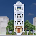 White Multi Story Detached Villa With Ornate Details Balconies Front Steps And Green Plants