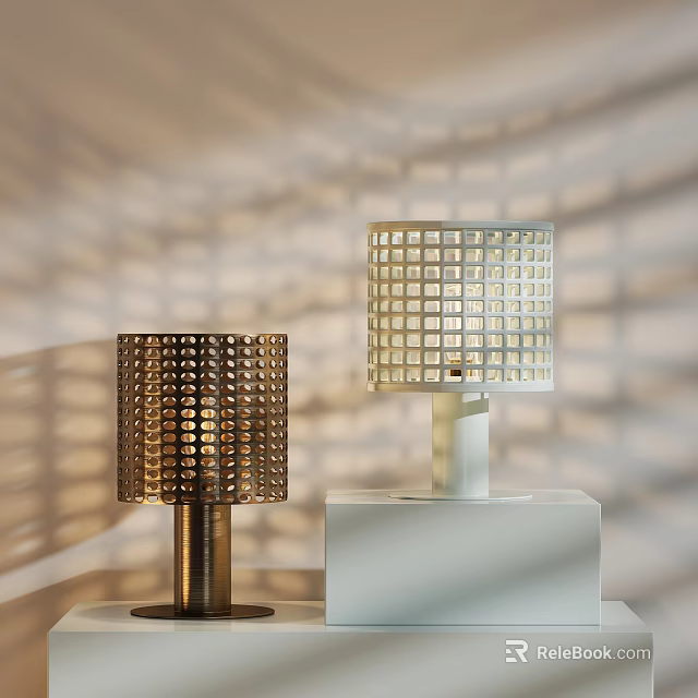 Modern Table Lamps Gold And White With Grid Pattern Shades Casting Geometric Shadows 3d model 