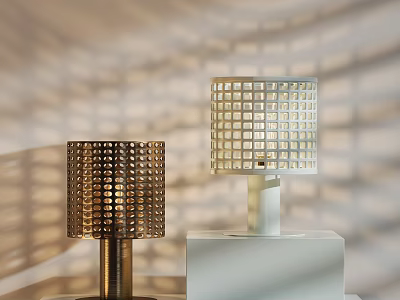 Modern Table Lamps Gold And White With Grid Pattern Shades Casting Geometric Shadows 3d model