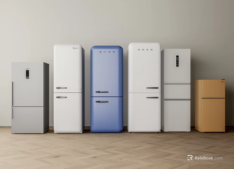 Modern Refrigerators And Freezers With Gray White Blue Beige Upright Design And Sleek Style 3d model 