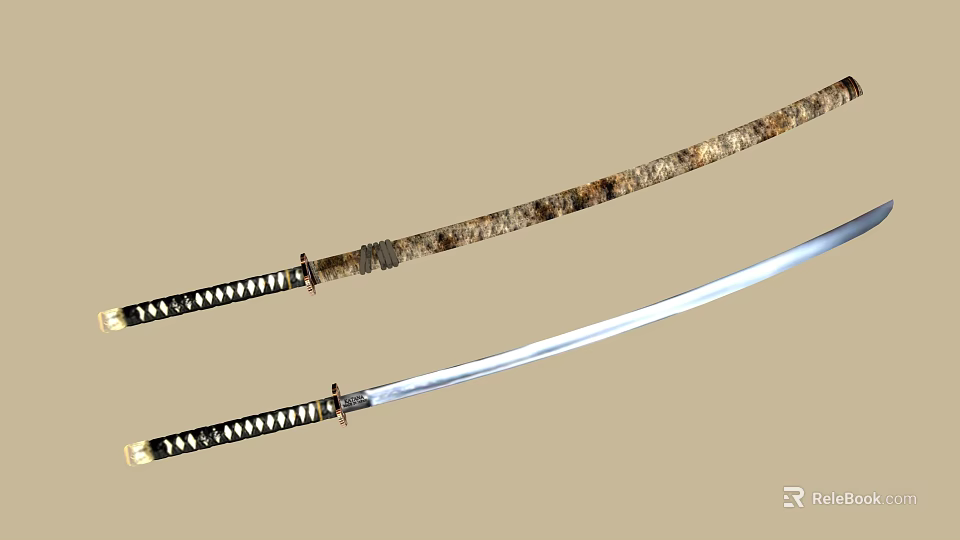 Two Traditional Samurai Swords With Sharp Metal Blades And Patterned Sheaths 3d model 