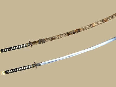Two Traditional Samurai Swords With Sharp Metal Blades And Patterned Sheaths 3d model
