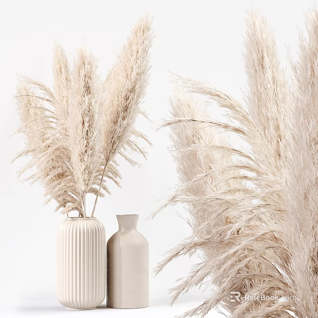 Minimalist Ceramic Vases with Pampas Grass in Neutral Tones for Modern Decor 3d model 