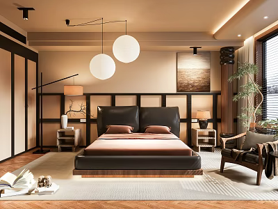 Warm Modern Bedroom Interior Design With Round Pendant Lights Dark Headboard And Wall Art 3d model