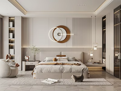 Modern Bedroom Interior With Beige Bed Circular Wall Art Pendant Light And Accent Chair 3d model