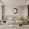 Modern Bedroom Interior With Beige Bed Circular Wall Art Pendant Light And Accent Chair