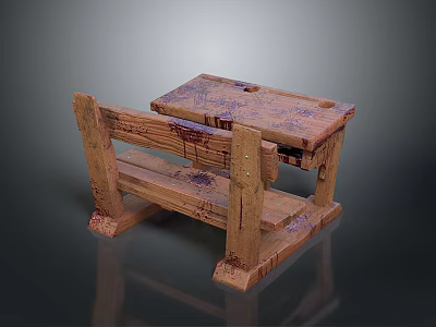 Vintage Wooden Table And Bench Set With Worn Surface And Purple Stains 3d model