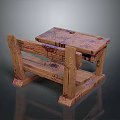 Vintage Wooden Table And Bench Set With Worn Surface And Purple Stains