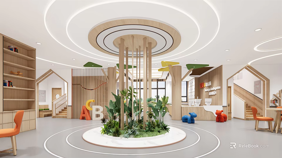 Bright Kindergarten Interior Design With Circular Central Greenery Wooden Structures And ABC Letters 3d model 