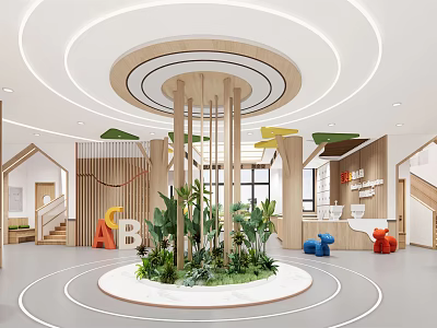 Bright Kindergarten Interior Design With Circular Central Greenery Wooden Structures And ABC Letters 3d model