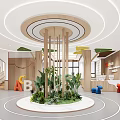 Bright Kindergarten Interior Design With Circular Central Greenery Wooden Structures And ABC Letters