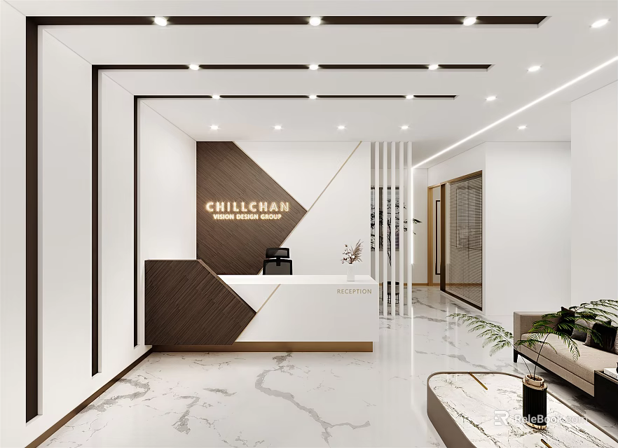 Elegant Modern Front Desk Reception Area With CHILLCHARM Logo White Brown Desk And Marble Floor 3d model 