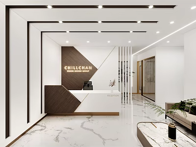 Elegant Modern Front Desk Reception Area With CHILLCHARM Logo White Brown Desk And Marble Floor 3d model