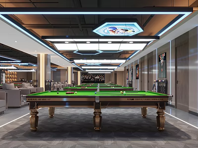 Modern Billiards Room With Snooker Tables And Stylish Ceiling Lights 3d model