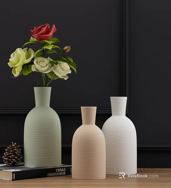 Green Beige And White Vases With Red White Roses On Dark Wall Background 3d model 