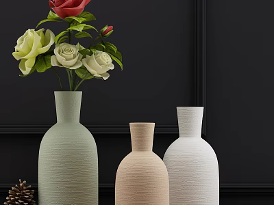Green Beige And White Vases With Red White Roses On Dark Wall Background 3d model
