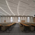 Spacious Conference Room Interior With Arranged Seats Large Screens And Wooden Walls
