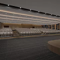 Large Modern Conference Room With Tiered Seating Wooden Walls And Ceiling Lighting Design