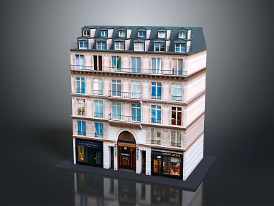 European Style Multi Story Building Model With Classic Windows And Ground Floor Storefronts 3d model