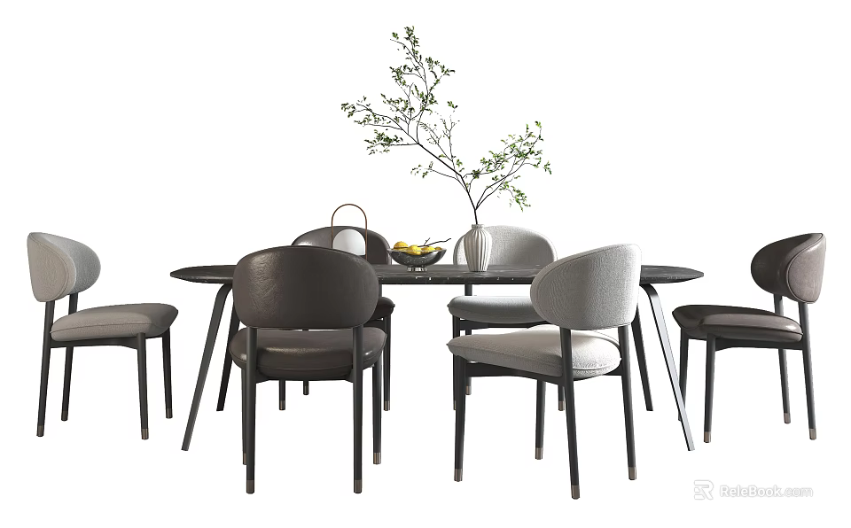Modern Round Dining Table Set With Gray Black Chairs Green Plant Vase And Fruit Bowl 3d model 