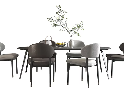 Modern Round Dining Table Set With Gray Black Chairs Green Plant Vase And Fruit Bowl 3d model