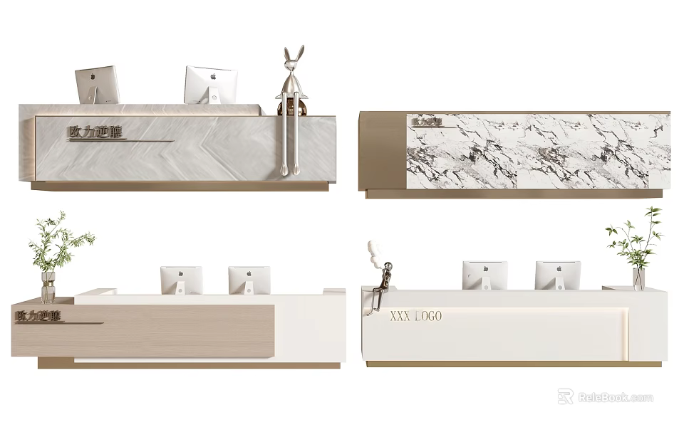 Modern Reception Desk Interior Design With Marble Counter And Decorative Elements 3d model 
