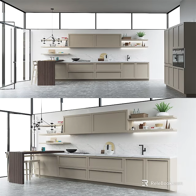 Modern Kitchen Interior With Sleek Cabinets Countertop Appliances And Green Plants 3d model 