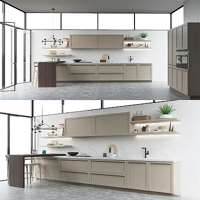 Modern Kitchen Interior With Sleek Cabinets Countertop Appliances And Green Plants 3d model