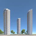 Tall High Rise Residential Buildings With Modern Design Surrounded By Green Trees Against Blue Sky