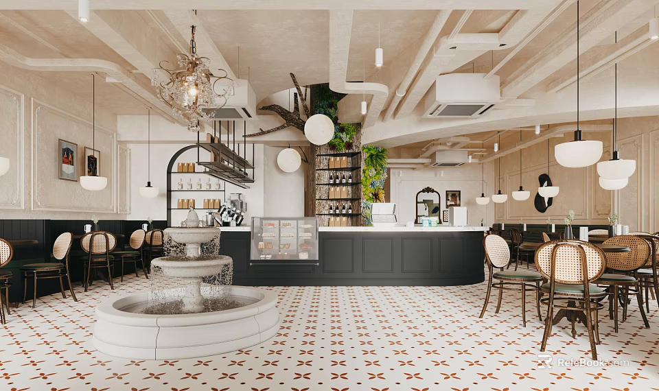 Elegant Dining and Living Room Interior With Chandelier Bar Counter Fountain And Geometric Floor Tiles 3d model 