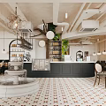 Elegant Dining and Living Room Interior With Chandelier Bar Counter Fountain And Geometric Floor Tiles