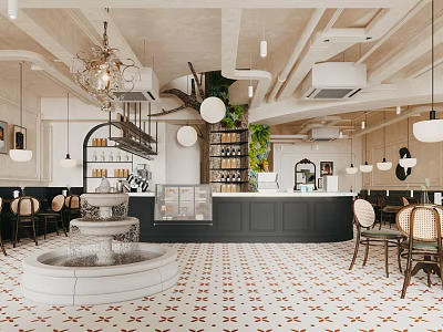 Elegant Dining and Living Room Interior With Chandelier Bar Counter Fountain And Geometric Floor Tiles 3d model