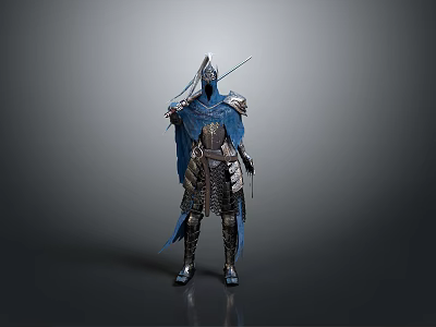 Man In Blue Armor With Cloak And Sword In Fantasy Style Standing 3d model