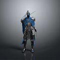 Man In Blue Armor With Cloak And Sword In Fantasy Style Standing
