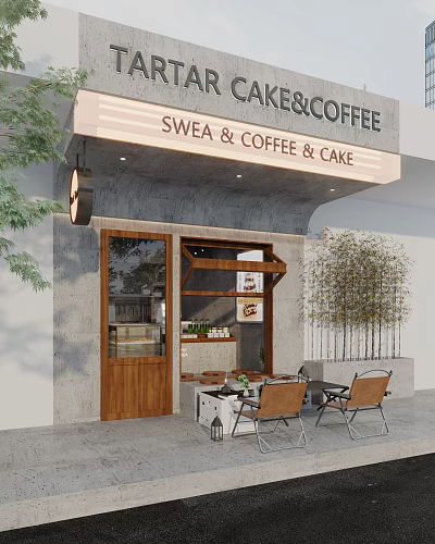 Modern Cafe Storefront Design With Wooden Door Display Case Bamboo Plants And Outdoor Seating 3d model