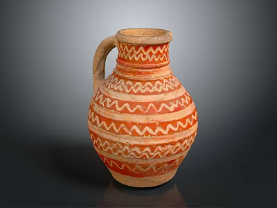 Ancient Earthenware Jug With Red And White Wavy Patterns And Handle 3d model