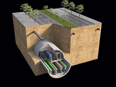Road Infrastructure With Underground Utility Tunnel Surface Lane Markings And Trees 3d model