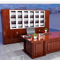 Wooden Office Desk With Large Wooden Bookshelf File Folders Potted Plant And Office Phone