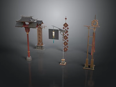 Traditional Chinese Architectural Structures With Wooden Red Pillars Tile Roofs And Diamond Patterns 3d model
