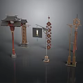 Traditional Chinese Architectural Structures With Wooden Red Pillars Tile Roofs And Diamond Patterns