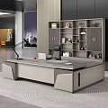 Modern Office Desk With Laptop Desk Lamp Ergonomic Chair And Bookshelf With Decorations Books Trophies