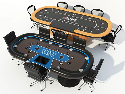 Poker Entertainment Setup With Oval And Round Tables Blue Accents Numbers And Chairs 3d model