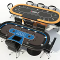 Poker Entertainment Setup With Oval And Round Tables Blue Accents Numbers And Chairs